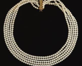 Ladies Gold and Pearl FiveStrand Chocker Necklace 
