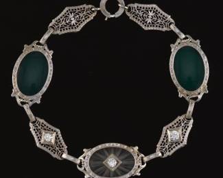 Ladies Art Deco Gold, Green Onyx, Diamond and Camphor Glass Bracelet 