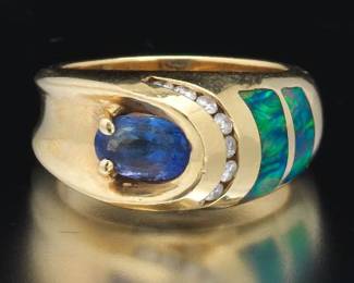 Ladies Gold, Tanzanite, Opal and Diamond Ring 