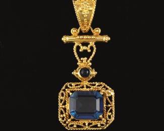 Ladies Gold and London Blue Topaz Renaissance Revival Pendant 