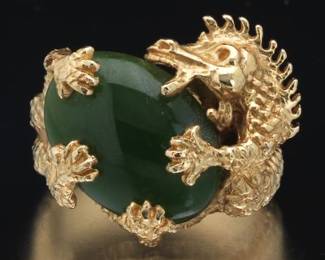 Ladies Gold and Spinach Jade Dragon Ring 
