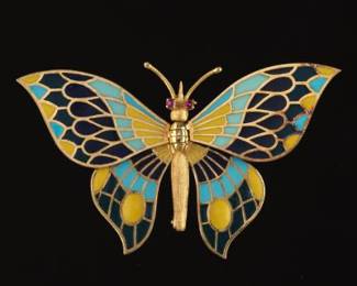 Exquisite Gold, Ruby and Pliqueajour Enamel Articulated Butterfly Pin Brooch 