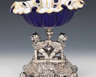 Antique Rococo Style Continental Silver and Bohemian Cobalt White Glass Centrepiece, 19th Century 