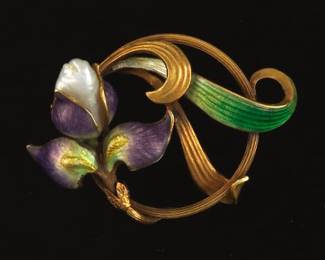 Art Nouveau Exquisite Gold, Baroque Pearl and Enamel Iris Pin Brooch