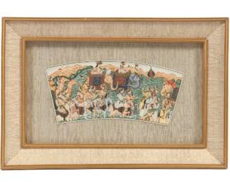 Fine Hand Painted Illuminated Fan Shape Framed Bone Plaque, Mughal Shah Jahan and Mumtaz Mahal with Imperial Entourage