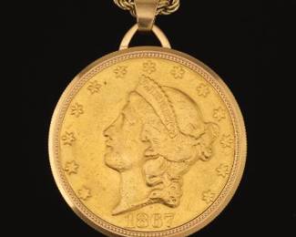 1867 $20 Dollars Liberty Head Two Sides Gold Coin in Gold Frame Medallion on Gold Chain 