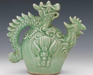 Chinese Celadon Glazed Ceramic Ewer Form Dragon and Phoenix Roof Ornament