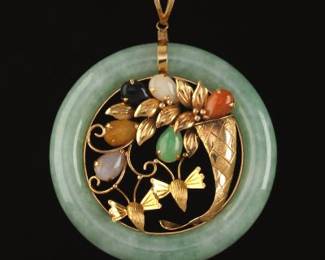 Ladies Gold and Jadeite Jade Large Pendant 