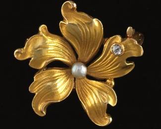 Art Nouveau Gold, Diamond and Seed Pearl Pin Brooch 