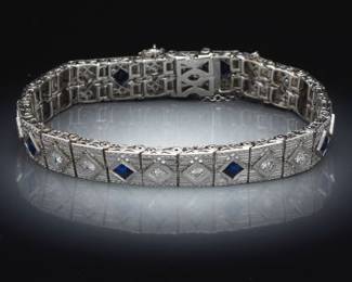 Ladies Antique Gold, Diamond and Lab Grown Blue Sapphire Bracelet 
