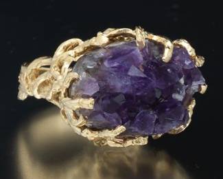 Ladies Gold and Amethyst Mineral Specimen Organic Design Fashion Ring 