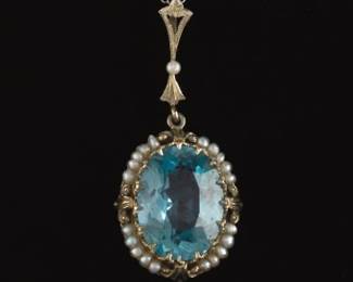 Belle Epoque Platinum, Gold, Blue Topaz and Seed Pearl Pendant on Chain 