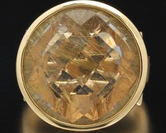 Ladies Gold, Rutilated Quartz and Clear Stone Fashion Ring 