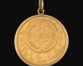 1919 Veinte Pesos Mexican High Carat Gold Coin in 14k Gold Frame Medallion 