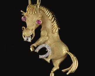 Ladies Gold, Pink Sapphire and Diamond Dancing Donkey Pin Brooch 