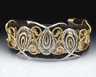 Artisan Sterling Silver, Brass and Leather Bracelet 