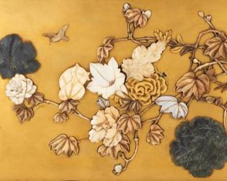 Japanese Finely Carved Inlaid Hard Stones, Mother of Pearl and Bone Framed Plaque, Meiji Era 