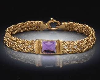 Ladies Italian Gold and Amethyst Fancy Links Bracelet 