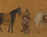 Chinese Ming Dynasty Style Large Hand Painted Immortals Equestrian Picture on Silk, ca. Late Qing Dynasty