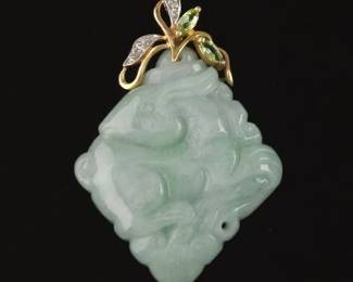 Ladies Gold, Jadeite Jade, Peridot and Diamond Pendant 