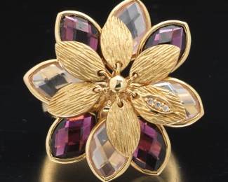 Ladies Gold, Almandine Garnet, Rose Quartz and Diamond Floral Articulated Ring 