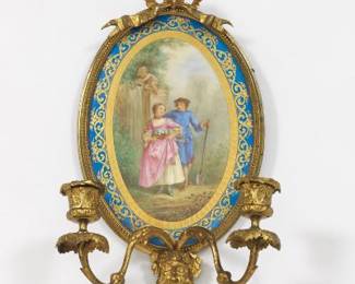 French Sevres Style Hand Painted Porcelain and DOre Bronze Wall Sconce, ca. 19th Century 