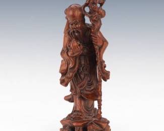 Chinese Antique Carved Boxwood Cabinet Sculpture of God of Longevity Shou Lao, Qing Dynasty 