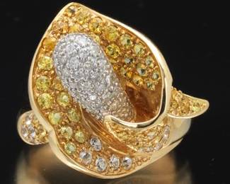 Ladies Gold, Diamond, Amber Citrine and White Topaz Calla Lili Fashion Ring 