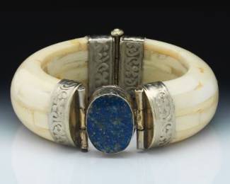 Ladies Impressive Silver, Lapis Lazuli and Walrus Task Oversized Tribal Bangle 