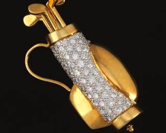 Classic Gold and Diamond Golf Bag with Clubs Pin Brooch 