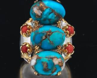 Ladies Native American Gold, Silver, Turquoise and Coral Ring 