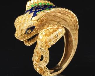Exceptional Gold and Enamel Bejewelled King Cobra Ring 