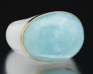 Ladies Gold, White Jade and Blue Quartz Fashion Ring 