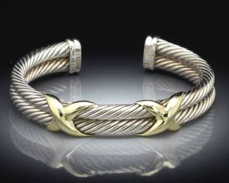 David Yurman Gold and Sterling Silver Double X Design Cuff Bangle 