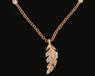 Ladies Gold and Diamond Feather Pendant on Chain 