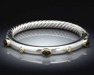 David Yurman Gold Sterling Silver, Green Tourmaline and Diamond Bangle 