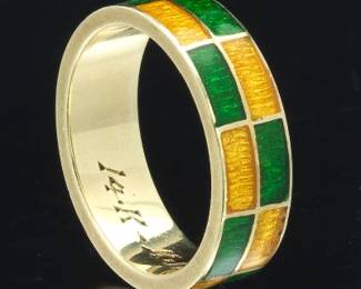 Ladies Gold and Enamel Band, Signed KJL 