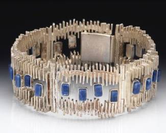 Ladies Mid Century Brutalist Silver and Blue Gem Stones Bracelet 