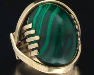 Ladies Modernist Gold and Carved Malachite Fashion Ring 