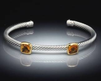 David Yurman Gold, Sterling Silver and Amber Citrine Flex Cuff Bangle 