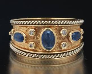 Elizabeth Gage Style Gold, Blue Sapphire and Diamond Ring 