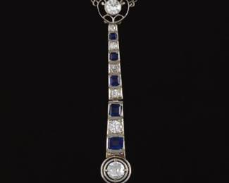 Ladies Art Deco Platinum, Gold, Blue Sapphire and Diamond Pendant on Chain 