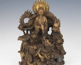 Chinese Patinated Bronze Grouping Sculpture of Goddess Guanyin with Dragons 