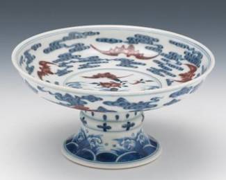 Chinese Porcelain Blue and Copper Red Footed Dish, Qianlong Six Character Mark