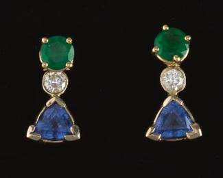 A Pair of Emerald Stud Earrings with Diamond and Tanzanite Drops 