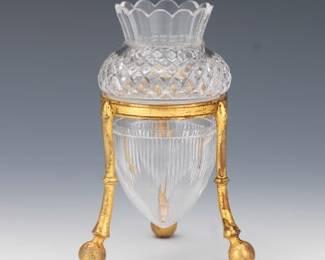 French Antique DOre Bronze Tripod and Baccarat Crystal Glass Cabinet Vase, 19th Century 