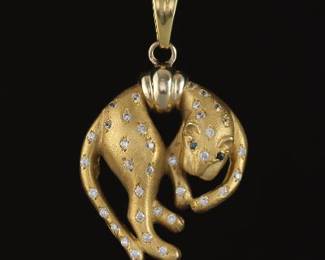 Ladies Italian Gold, Moissanite and Blue Sapphire Panther Pendant 