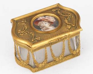 French 19th c. DOre Bronze, Baccarat Crystal Glass and Miniature Portrait of Duchess of Devonshire, after Thomas Gainsborough