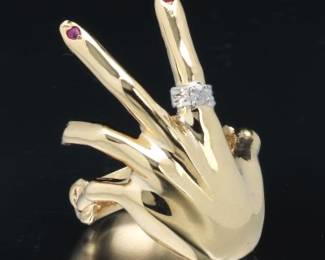 Ladies Gold, Diamond and Ruby Hand Fashion Ring 