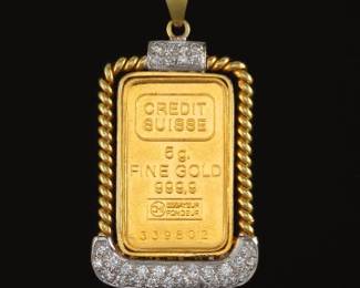 Ladies Credit Suisse 5 Gm Pure Gold Bar in 18K Gold and Diamond Frame Pendant on Chain 